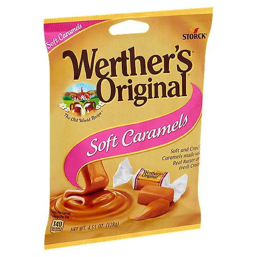 Storck Werther's Original Soft Caramels, 4.51 oz
Soft and Creamy Caramels Made with Real Butter and Fresh Cream

A long time ago, in the small European village of Werther, candy-maker Gustav Nebel created his finest candy. He used the best ingredients-real butter, fresh cream, white and brown sugars, a pinch of salt and a lot of time-to create a treasure worthy of being wrapped in gold. Because they turned out especially well, they were named Werther's Original in honor of the little village. Crafting this smooth, creamy caramel became a family tradition handed down through generations.
Now, indulge in Werther's Original Soft Caramels-soft and creamy caramels with the one-of-a-kind Werther's taste that makes you feel like someone very special.