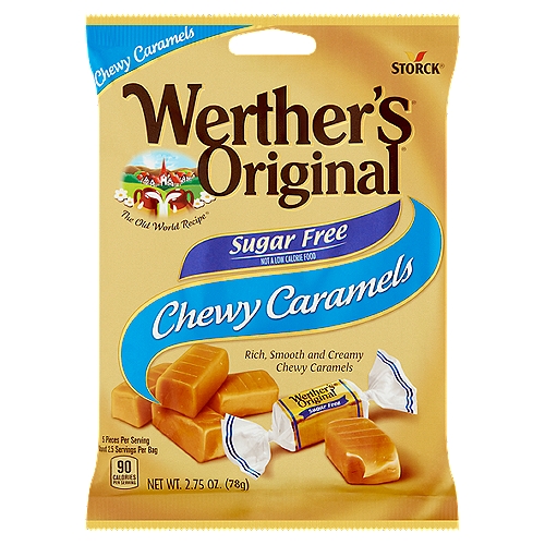 Storck Werther's Original Sugar Free Rich, Smooth and Creamy Chewy Caramels, 2.75 oz
A long time ago, in the small European Village of Werther, candy-maker Gustav Nebel created his finest candy. He used the best ingredients—real butter, fresh cream, white and brown sugars, a pinch of salt and a lot of time—to create a treasure worthy of being wrapped in gold. Because they turned out especially well, they were named Werther's Original in honor of the little village. Crafting this smooth, creamy caramel became a family tradition handed down through generations.
Today, people can also enjoy the delicious creamy taste of Werther's Original in a Sugar Free Chewy Caramel

Per Serving: Werther's Original Sugar Free Chewy Caramel 90 Calories; Regular Werther's Original Chewy Caramels 170 Calories.