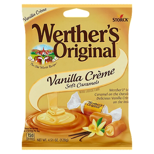 Storck Werther's Original Vanilla Crème Soft Caramels, 4.51 oz
Werther's® Soft Caramel on the Outside Delicious Vanilla Crème on the Inside

A long time ago, in the small European Nebel created his finest candy. He used the village of Werther, candy-maker Gustav best ingredients-real butter, fresh cream, white and brown sugars, a pinch of salt and a lot of time-to create a treasure worthy of being wrapped in gold. Because they turned out especially well, they were named Werther's Original in honor of the little village. Crafting this smooth, creamy caramel became a family tradition handed down through generations.

Now indulge in Werther's Original Vanilla Crème Soft Caramels-rich, creamy caramels filled with indulgent vanilla Crème.