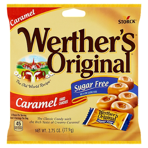 Storck Werther's Original Sugar Free Caramel Hard Candies, 2.75 oz
The Classic Candy with the Rich Taste of Creamy Caramel

Per Serving: Werther's Original Sugar Free Hard Candies 45 Calories. Regular Werther's Original Caramel Hard Candies 70 Calories.
