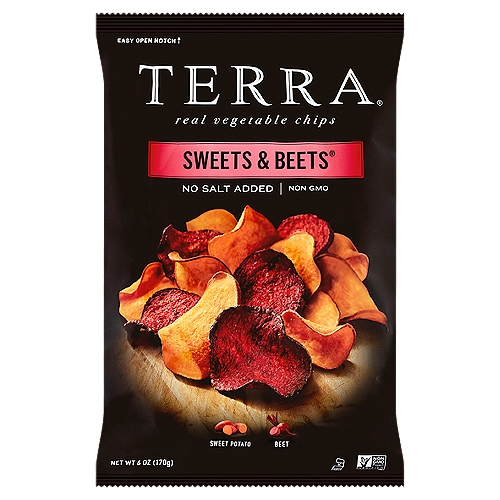 Terra Sweets & Beets No Salt Added Real Vegetable Chips, 6 oz
Sweet Potato
A distinct variety of the Ipomoea Batata, these potatoes deliver a glorious late summer orange. This is the hallmark sweet potato of the southern U.S.

Beet
A biennial root vegetable, delivers natural sweetness and a vibrant red color. Generally a cool season crop which we cook to perfection.