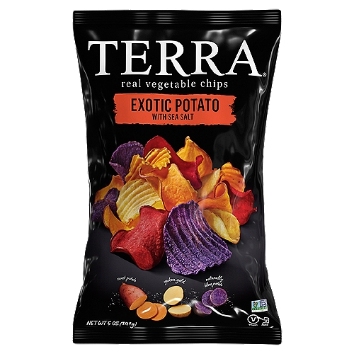 Terra Exotic Potato Sea Salt Real Vegetable Chips, 5.5 oz
Sweet Potato
(a distinct variety of the Ipomoea Batatas) A glorious late-summer orange.

Yukon Gold
Cultivated in Canada and introduced to the world in 1980. Yukon Golds are highly regarded for their beautiful golden color and intense flavor.

Naturally Blue Potato
Vibrant bluish-purple in color, with a slightly nutty flavor, they're simply unforgettable. Truly a rhapsody in blue.

Ruby Dipped Vegetables
Perhaps the most dramatic, these Terra® Chips are kissed with beet juice, resulting in their distinctive autumn red color.