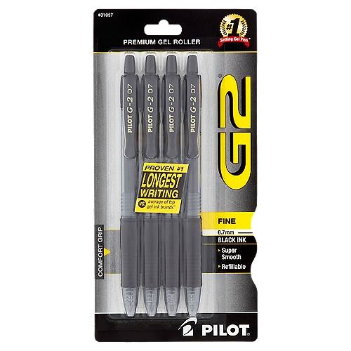 Pilot G2 Fine 0.7mm Black Ink Premium Gel Roller Pens, 4 count