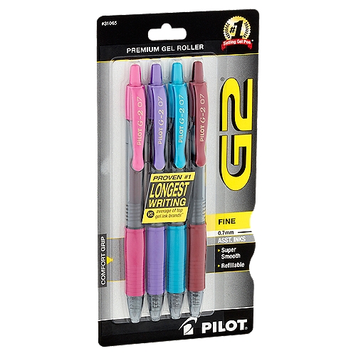 Pilot G2 Premium Gel Roller Fine 0.7mm Assorted Inks Pens, 4 count