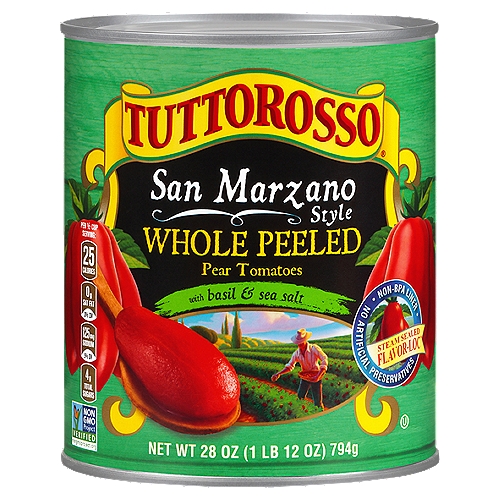 Tuttorosso San Marzano Style Whole Peeled Pear Tomatoes with Basil & Sea Salt, 28 oz
Tuttorosso San Marzano Style Tomatoes are plump and juicy with a soft and meaty texture. When you want a delicate balance of old world flavor and culinary inspiration...use Tuttorosso San Marzano Style. Our Italian-inspired products are grown with the care, dedication and pride that only come from family-owned companies. We don't use anything artificial because Tuttorosso canned tomatoes are not like some other ''processed foods''. Instead, they are preserved using our Steam Sealed Flavor-Loc™ system to protect the delicious fresh flavor without a can taste. The result is quality you can both see and taste.

Your Best Creations Start Here™

Allergy Friendly
Free of the 8 most common allergens in the US
Our products are free of:
✓ wheat
✓ dairy
✓ egg
✓ peanuts
✓ tree nuts
✓ shellfish
✓ soy
✓ fish
Also made without casein, potato, sesame and sulfites.