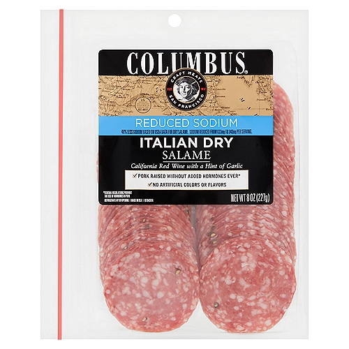 Columbus Reduced Sodium Italian Dry Salame, 8 oz
46% Less Sodium Based on USDA Data for Dry Salame. Sodium Reduced from 633mg to 340mg Per Serving.

Pork Raised without Added Hormones Ever*
*Federal Regulations Prohibit the Use of Hormones in Pork

Pairing Guide
Aged cheddar
Pinot noir
Pilsner