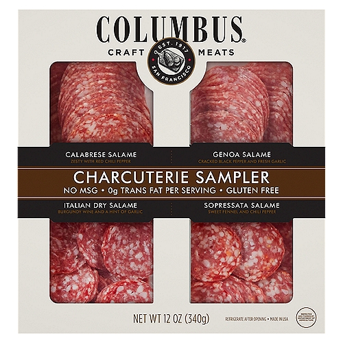 Columbus Charcuterie Sampler, 12 oz
Calabrese
Zesty with Red Chili Pepper

Genoa Salame
Cracked Black Pepper and Fresh Garlic

Italian Dry Salame
Burgundy Wine and a Hint of Garlic

Sopressata
Sweet Fennel and Chili Pepper