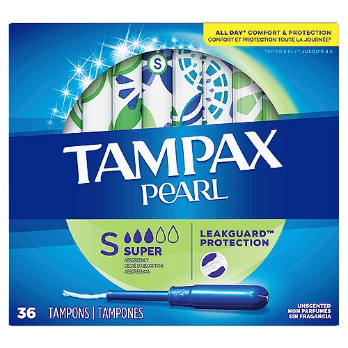 It's time to Tampax and live your life without limits. Get incredible all day comfort and protection for up to eight hours with Tampax Pearl tampons. Choose from five different absorbencies to match your changing flow. Got leaks? Go up an absorbency. Uncomfortable to remove? Go down an absorbency. Designed with a LeakGuard Braid to help stop leaks before they happen. Tampax Pearl Super Absorbency provides protection you can feel good about. Free of dyes, perfume, latex*, BPA, and elemental chlorine bleaching. Plus, inserting the tampon is made easy thanks to the applicator's Anti-Slip Grip, while Tampax FormFit protection lets it gently expand to your individual shape. Ready to ditch the leaks? Get amazing protection with Tampax, the #1 U.S. Gynecologist recommended tampon brand**. Discover your perfect flow combo and get the protection you need.*natural rubber latex**based on 2020 survey