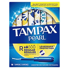 Tampax Pearl Tampons Regular Absorbency with BPA-Free Plastic Applicator and LeakGuard Braid, Unscented, 18 Count