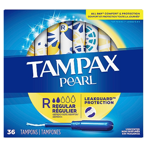 Tampax Pearl Regular Absorbency Unscented Tampons, 36 count
It's time to Tampax and live your life without limits. Get incredible all day comfort and protection for up to eight hours with Tampax Pearl tampons. Choose from five different absorbencies to match your changing flow. Got leaks? Go up an absorbency. Uncomfortable to remove? Go down an absorbency. Designed with a LeakGuard Braid to help stop leaks before they happen. Tampax Pearl Regular Absorbency provides protection you can feel good about. Free of dyes, perfume, latex*, BPA, and elemental chlorine bleaching. Plus, inserting the tampon is made easy thanks to the applicator's Anti-Slip Grip, while Tampax FormFit protection lets it gently expand to your individual shape. Ready to ditch the leaks? Get amazing protection with Tampax, the #1 U.S. Gynecologist recommended tampon brand**. Discover your perfect flow combo and get the protection you need.*natural rubber latex**based on 2020 survey