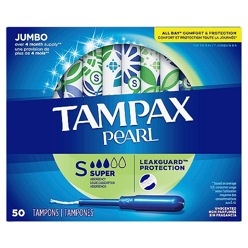 Tampax Pearl Tampons Super Absorbency with BPA-Free Plastic Applicator and LeakGuard Braid, Unscented, 50 Count