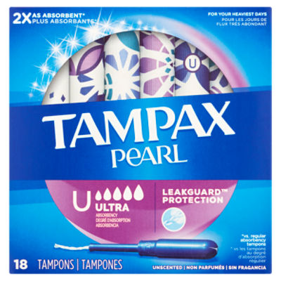 Tampax Pearl Tampons Ultra Absorbency with BPA-Free Plastic Applicator and LeakGuard Braid, Unscented, 18 Count