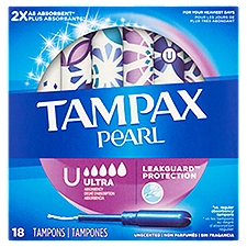 Tampax Pearl Tampons Ultra Absorbency with BPA-Free Plastic Applicator and LeakGuard Braid, Unscented, 18 Count, 18 Each
