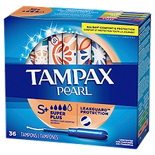 Tampax Pearl Tampons Super Plus Absorbency with BPA-Free Plastic Applicator and LeakGuard Braid, Unscented, 36 Count