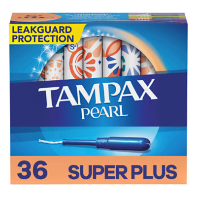 Tampax Pearl Tampons Super Plus Absorbency with BPA-Free Plastic Applicator and LeakGuard Braid, Unscented, 36 Count