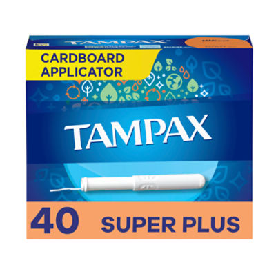 Tampax Cardboard Tampons Super Plus Absorbency, Anti-Slip Grip, LeakGuard Skirt, Unscented, 40 Count