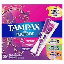 Tampax Radiant Tampons Trio Pack, Regular/Super/Super Plus Absorbency with BPA-Free Plastic Applicator and LeakGuard Braid, Unscented, 28 Count