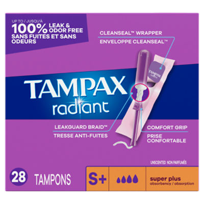 Tampax Radiant Tampons with LeakGuard Braid, Super Plus Absorbency, Unscented, 28 Count
