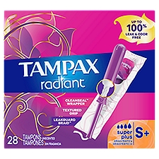 Tampax Radiant Tampons with LeakGuard Braid, Super Plus Absorbency, Unscented, 28 Count