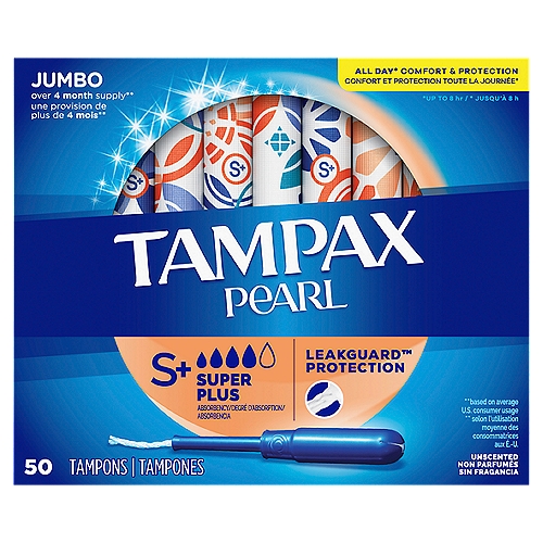 Tampax Pearl Super Plus Absorbency Unscented Tampons, Jumbo, 50 count