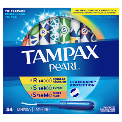 Tampax Pearl Tampons Trio Pack, with LeakGuard Braid, Regular/Super/Super Plus Absorbency