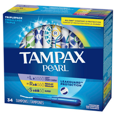 Tampax Pearl Tampons Trio Pack, Light/Regular/Super Absorbency with BPA-Free Plastic Applicator and LeakGuard Braid, Unscented, 34 Count