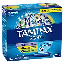 TAMPAX Pearl Light, Regular and Super Absorbency Unscented Tampons Triplepack, 34 count
