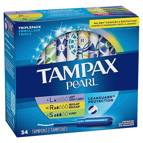 TAMPAX Pearl Light, Regular and Super Absorbency Unscented Tampons Triplepack, 34 count
It's time to Tampax and live your life without limits. Get incredible all day comfort and protection for up to eight hours with Tampax Pearl tampons. Choose from five different absorbencies to match your changing flow. Got leaks? Go up an absorbency. Uncomfortable to remove? Go down an absorbency. Designed with a LeakGuard Braid to help stop leaks before they happen. Tampax Pearl Light/Regular/Super Absorbency provides protection you can feel good about. Free of dyes, perfume, latex*, BPA, and elemental chlorine bleaching. Plus, inserting the tampon is made easy thanks to the applicator's Anti-Slip Grip, while Tampax FormFit protection lets it gently expand to your individual shape. Ready to ditch the leaks? Get amazing protection with Tampax, the #1 U.S. Gynecologist recommended tampon brand**. Discover your perfect flow combo and get the protection you need.*natural rubber latex**based on 2020 survey