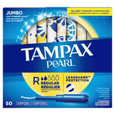 Tampax Pearl Tampons Regular Absorbency with BPA-Free Plastic Applicator and LeakGuard Braid, Unscented, 50 Count, 50 Each