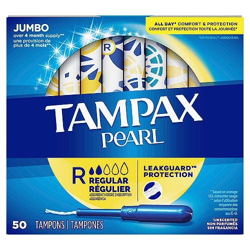 Tampax Pearl Tampons Regular Absorbency with BPA-Free Plastic Applicator and LeakGuard Braid, Unscented, 50 Count