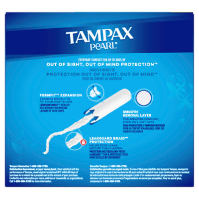 Tampax Pearl Tampons Regular Absorbency with BPA-Free Plastic Applicator  and LeakGuard Braid, Unscented, 50 Count - The Fresh Grocer