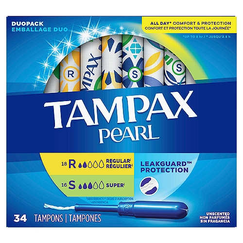 It's time to Tampax and live your life without limits. Get incredible all day comfort and protection for up to eight hours with Tampax Pearl tampons. Choose from five different absorbencies to match your changing flow. Got leaks? Go up an absorbency. Uncomfortable to remove? Go down an absorbency. Designed with a LeakGuard Braid to help stop leaks before they happen. Tampax Pearl Regular/Super/Super Plus Absorbency provides protection you can feel good about. Free of dyes, perfume, latex*, BPA, and elemental chlorine bleaching. Plus, inserting the tampon is made easy thanks to the applicator's Anti-Slip Grip, while Tampax FormFit protection lets it gently expand to your individual shape. How to insert a tampon: Slowly insert the tampon applicator from the tip, all the way to the grip. After you've pushed the plunger in all the way, pull the applicator out. How to remove a tampon: You'll use your thumb and finger to grip the string and pull it slowly out. Please do not flush your tampon. Properly dispose of your tampon in the trash. *natural rubber latex **based on 2020 survey