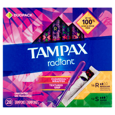 Tampax Radiant Tampons Duo Pack with LeakGuard Braid, Regular/Super  Absorbency, 28 Ct
