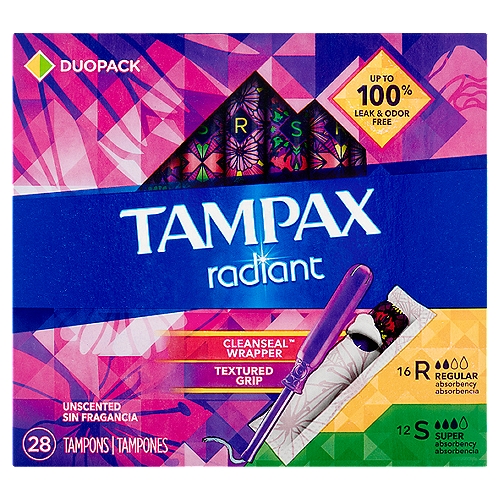 Tampax Radiant Tampons Duo Pack with LeakGuard Braid, Regular/Super Absorbency, Unscented, 28 Count