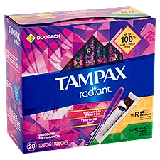 Tampax Radiant Tampons, Regular and Super Absorbency Unscented, 28 Each