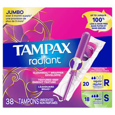 Tampax Radiant TamponsDuo Pack with LeakGuard Braid, Regular/Super Absorbency, Unscented, 38 Count