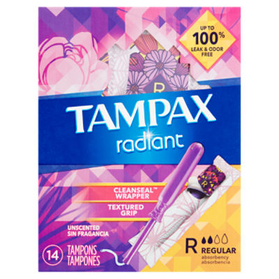 Tampax Radiant Tampons with LeakGuard Braid, Regular Absorbency, Unscented, 14 Count