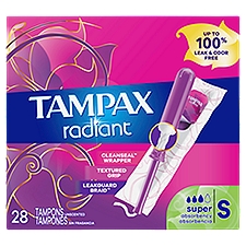 Tampax Radiant Tampons with LeakGuard Braid, Super Absorbency, Unscented, 28 Count