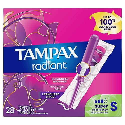 Tampax Radiant Tampons with LeakGuard Braid, Super Absorbency, Unscented, 28 Count