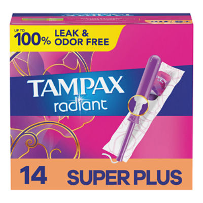 Tampax Radiant Tampons with LeakGuard Braid, Super Plus Absorbency, Unscented, 14 Count