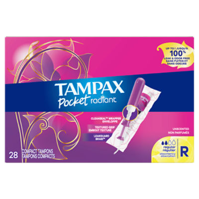 Tampax Pocket Radiant Compact Plastic Tampons, With LeakGuard Braid