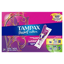Tampax Pocket Radiant Compact Plastic Tampons, With LeakGuard Braid, Duo Pack Regular/Super Absorbency, Unscented, 28 Count