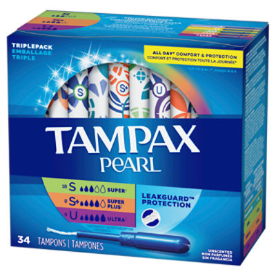 TAMPAX PEARL Super, Super Plus and Ultra Absorbency Unscented Tampons  Triplepack, 34 count - The Fresh Grocer
