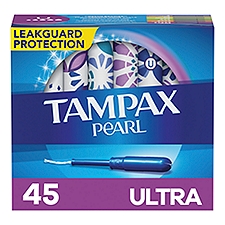 Tampax Pearl Tampons Ultra Absorbency with BPA-Free Plastic Applicator and LeakGuard Braid, Unscented, 45 Count, 45 Each