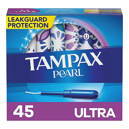 Tampax Pearl Tampons Ultra Absorbency with BPA-Free Plastic Applicator and LeakGuard Braid, Unscented, 45 Count