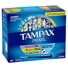 TAMPAX Pearl Light, Regular and Super Absorbency Unscented Tampons, Jumbo, 47 count