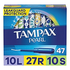 Tampax Pearl Tampons Trio Pack, with LeakGuard Braid, Light/Regular/Super Absorbency, Unscented, 47 Count