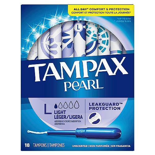 It's time to Tampax and live your life without limits. Get incredible all day comfort and protection for up to eight hours with Tampax Pearl tampons. Choose from five different absorbencies to match your changing flow. Got leaks? Go up an absorbency. Uncomfortable to remove? Go down an absorbency. Designed with a LeakGuard Braid to help stop leaks before they happen. Tampax Pearl Light Absorbency provides protection you can feel good about. Free of dyes, perfume, latex*, BPA, and elemental chlorine bleaching. Plus, inserting the tampon is made easy thanks to the applicator's Anti-Slip Grip, while Tampax FormFit protection lets it gently expand to your individual shape. Ready to ditch the leaks? Get amazing protection with Tampax, the #1 U.S. Gynecologist recommended tampon brand**. Discover your perfect flow combo and get the protection you need.*natural rubber latex**based on 2020 survey