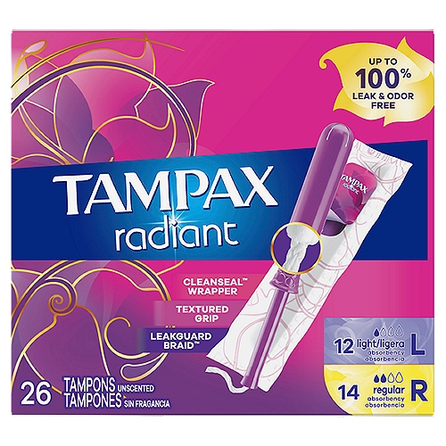 Tampax Radiant Light and Regular Absorbency Tampons, 26 countnIt's a new time for that time of the month. Get up to 100% leak and odor-free protection with Tampax Radiant tampons designed with a LeakGuard Braid to help stop leaks before they even happen. For protection you can feel good about. Free of dyes, perfume, latex*, BPA, and elemental chlorine bleaching. Thanks to their Textured Grip, they are specifically designed for incredibly comfortable tampon insertion. Plus, they come in a CleanSeal Wrapper created for more** ease, more clean, and more hygiene - to help dispose of them wherever you are. Don't settle for less when you can get more. Discover outstanding protection for up to eight hours with Tampax, the #1 U.S. Gynecologist recommended tampon brand*** *natural rubber latex **vs. Tampax Pearl ***based on 2020 surveynnCleanseal Wrapper™nFor quick and easy disposal.nnLeakguard Braid™nHelps stop leaks before they happen.