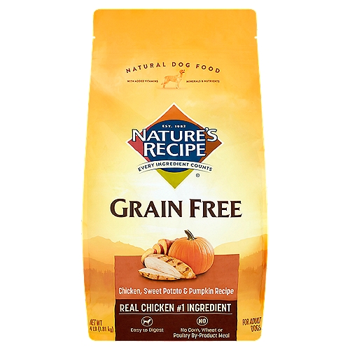 Nature's Recipe Grain Free Chicken, Sweet Potato & Pumpkin Recipe Natural Dog Food, 4 lb
Grain Free Chicken, Sweet Potato & Pumpkin Recipe Natural Dog Food for Adult Dogs

• Free of Grains
Nutrient-dense carbohydrate sources (such as sweet potato and pumpkin) contain fiber to help support healthy digestion
• Active Nutrients & Antioxidants
In every bite support your dog's overall health
• Strong Bones
Calcium and phosphorous help support strong bones and teeth
• Healthy Digestion
Fiber helps support digestion and immune system health
• Strong Muscles
Protein rich chicken helps maintain optimal muscle strength and endurance
• Joint Health
Glucosamine helps support joint function and mobility

Nutritional Statement
Nature's Recipe® Grain Free Chicken, Sweet Potato and Pumpkin Recipe dog food is formulated to meet the nutritional levels established by the AAFCO Dog Food Nutrient Profiles for adult maintenance.